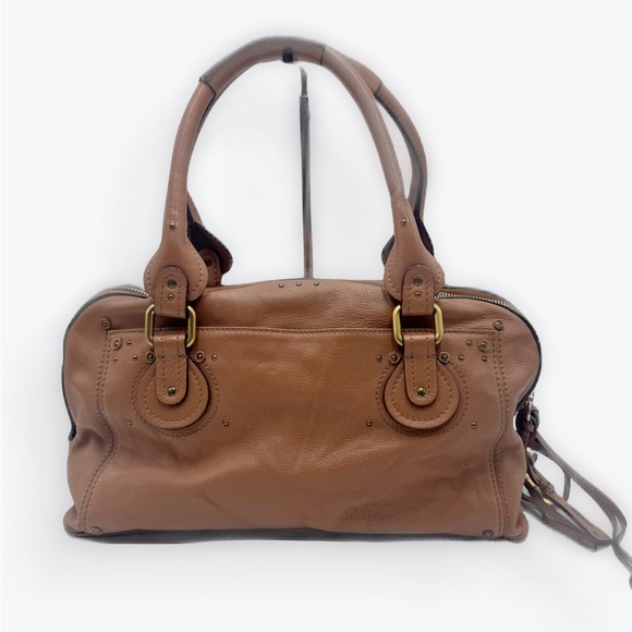 Auth Chloe Caramel Brown Leather Studded Auore Top Handle Duffel Tote Bag - Picture 7 of 16